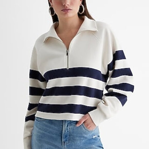 STRIPED QUARTER ZIP BOXY FLEECE SWEATSHIRT - Picture 1 of 1
